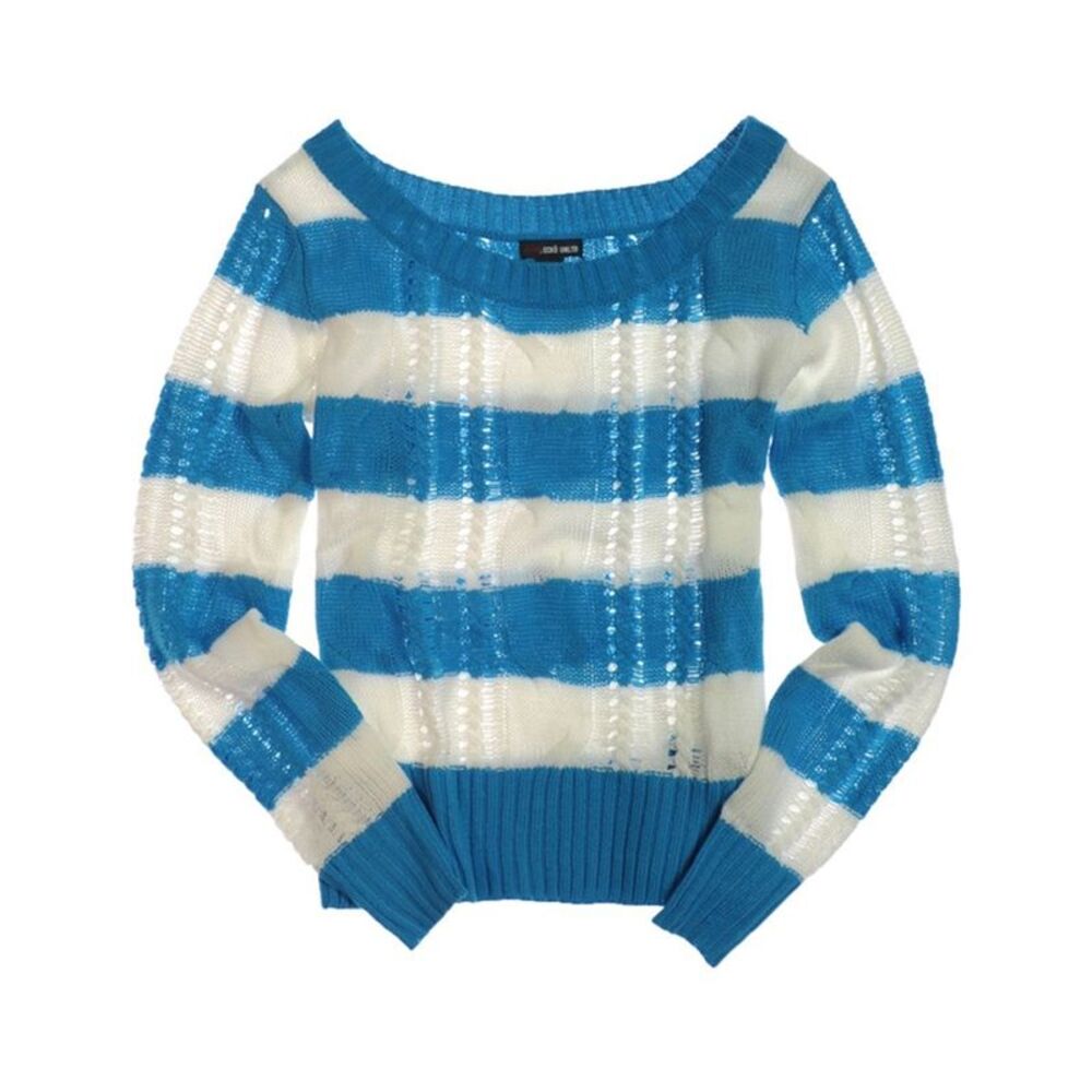 Ecko Unltd. Womens Open Neck Stripe Cable Knit Sweater, Blue, L, DM